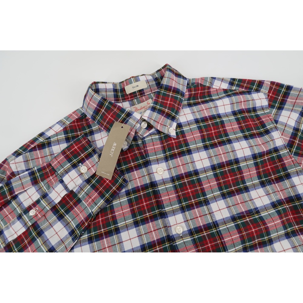 J.Crew Broken-In Oxford Shirt Mens Medium‎ Red Multicolor Plaid Slim AU764 NEW